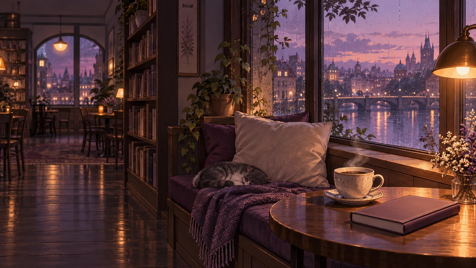 An illustrated bookshop café at dusk